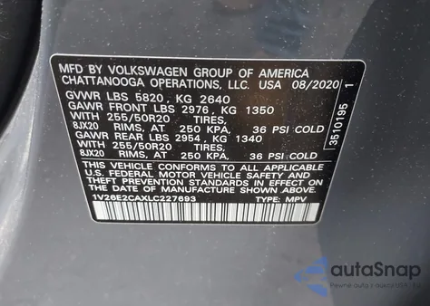 2020 Volkswagen Atlas Cross Sport 3.6L V6 Se W/Technology/3.6L V6 Se W/Technology R-Line from USA, damaged, VIN 1V26E2CAXLC227693